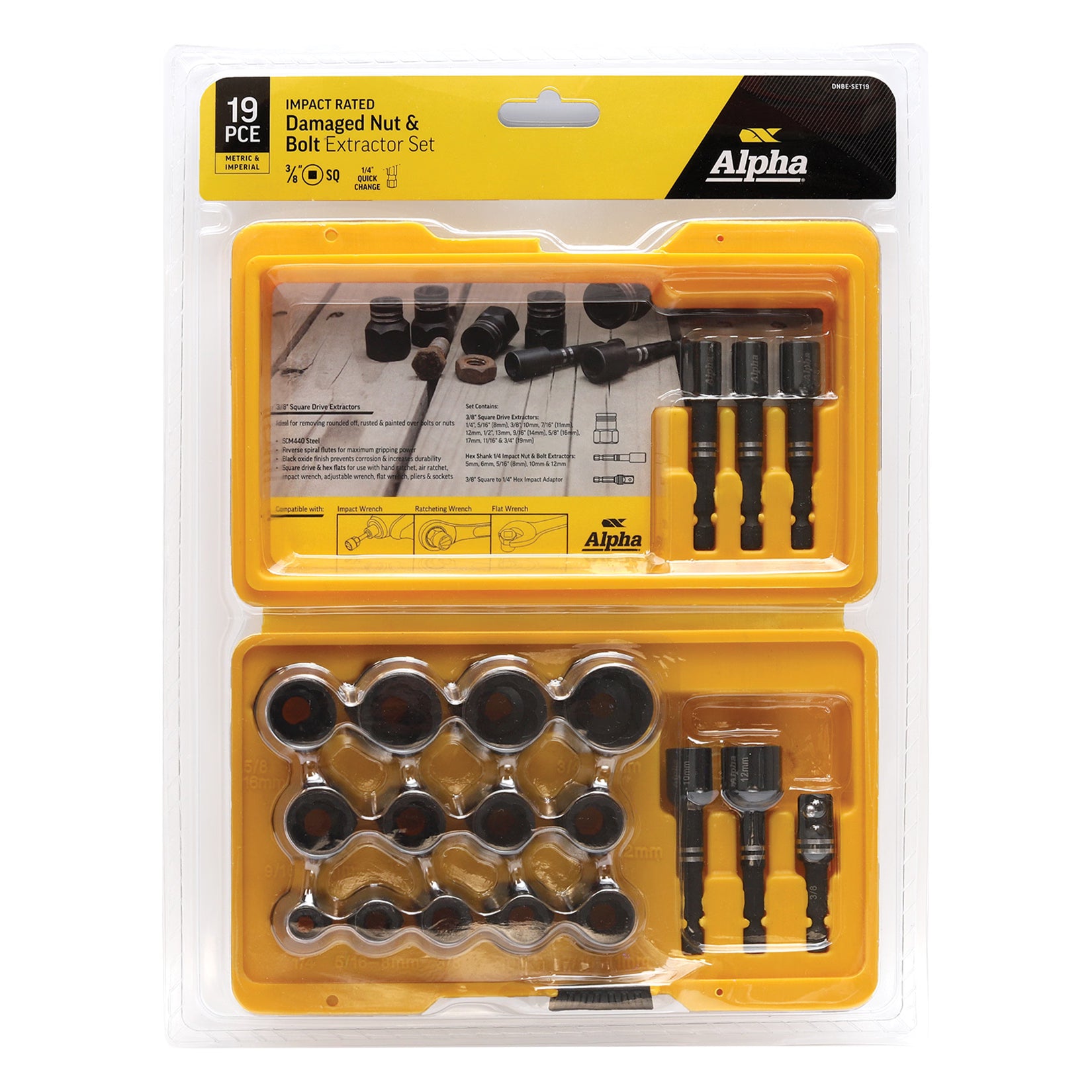 Alpha - 19 Pc Damaged Nut & Bolt Extractor Set 1/4" & 3/8" Drive Metric/Imperial