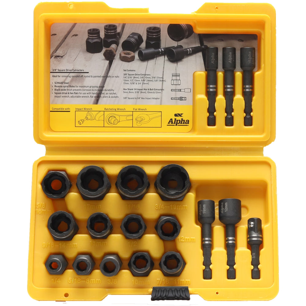 Alpha - 19 Pc Damaged Nut & Bolt Extractor Set 1/4" & 3/8" Drive Metric/Imperial
