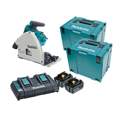 Makita Tools - 18V x 2 Brushless 165mm Plunge Saw Kit - Includes 2 x 5.0Ah Batteries Dual Port Rapid Charger & 2 x MakPac Case | DSP600PT2J