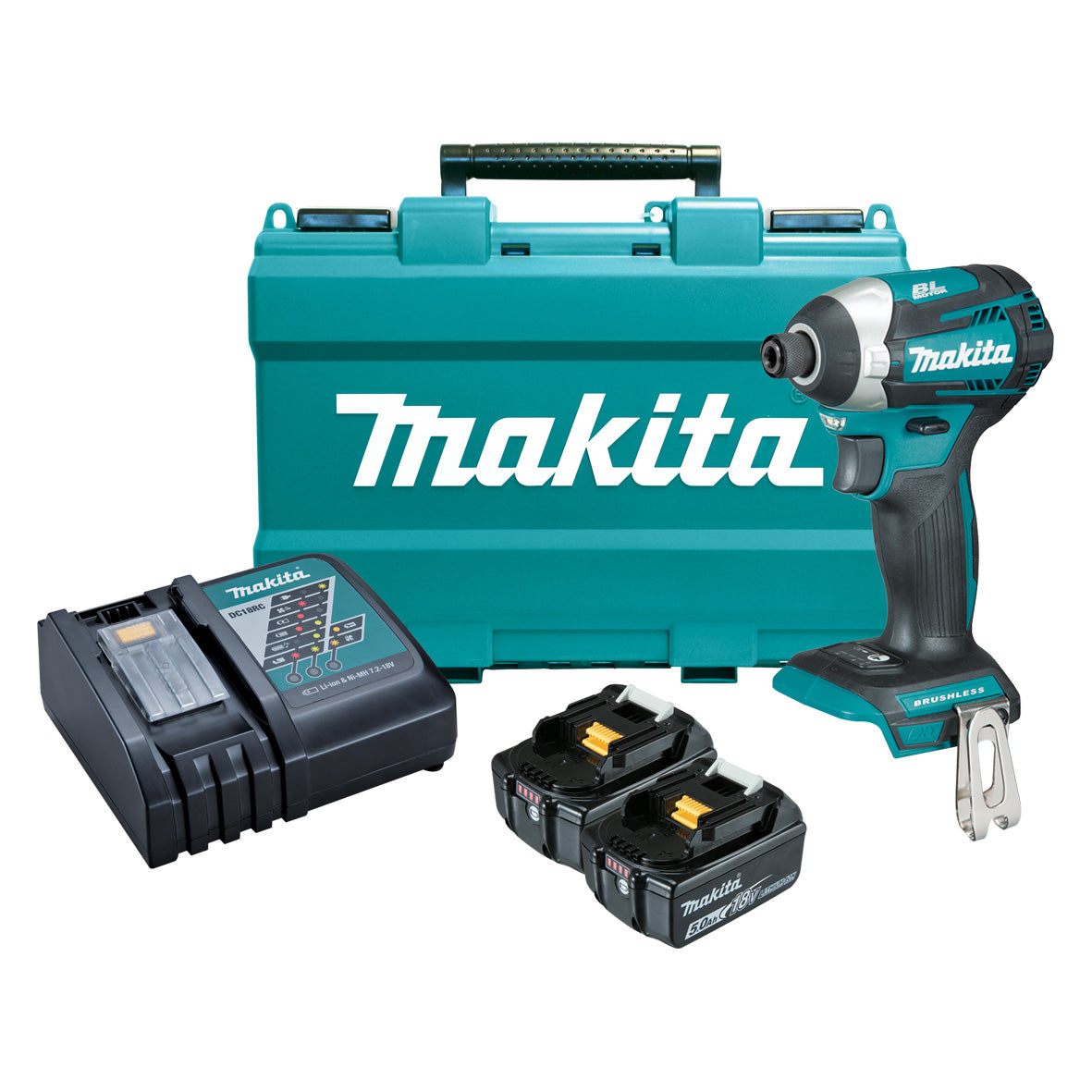 Makita Tools - 18V Compact Brushless 3-Stage Impact Driver Kit - Includes 2 x 5.0Ah Batteries Rapid Charger & Carry Case | DTD154RTE