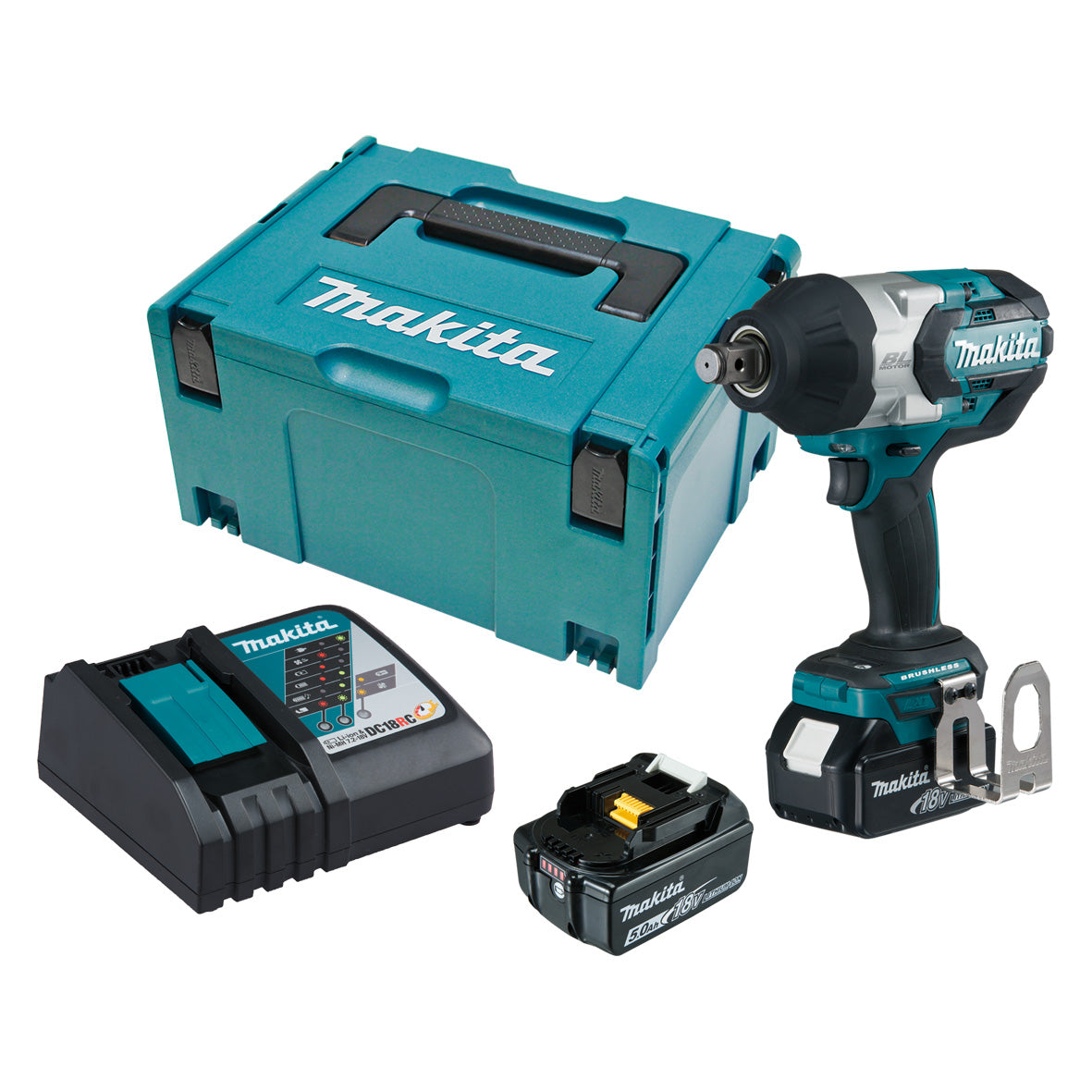 Makita Tools - 18V Brushless 3/4" Impact Wrench Kit - Includes 2 x 5.0Ah Batteries Rapid Charger & Carry Case | DTW1001RTJ