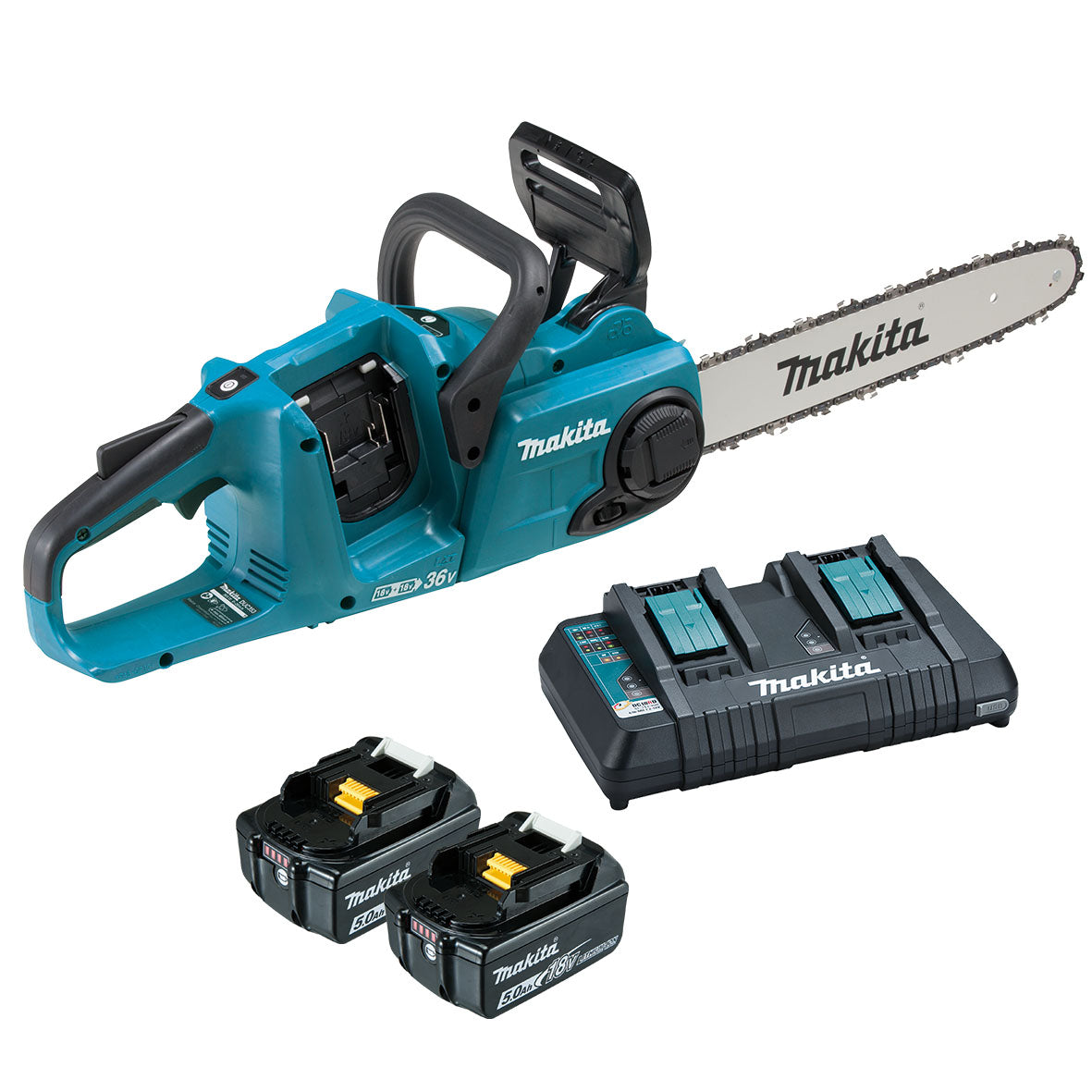 Makita Tools - 18V x 2 350mm Brushless Chainsaw Kit - Includes 2 x 5.0Ah Batteries & Dual Port Rapid Charger | DUC353PT2