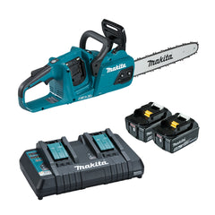 Makita Tools - 18V x 2 400mm Brushless Chainsaw with captive nuts Kit - Includes 2 x 5.0Ah Batteries & Dual Port Rapid Charger | DUC405PT2