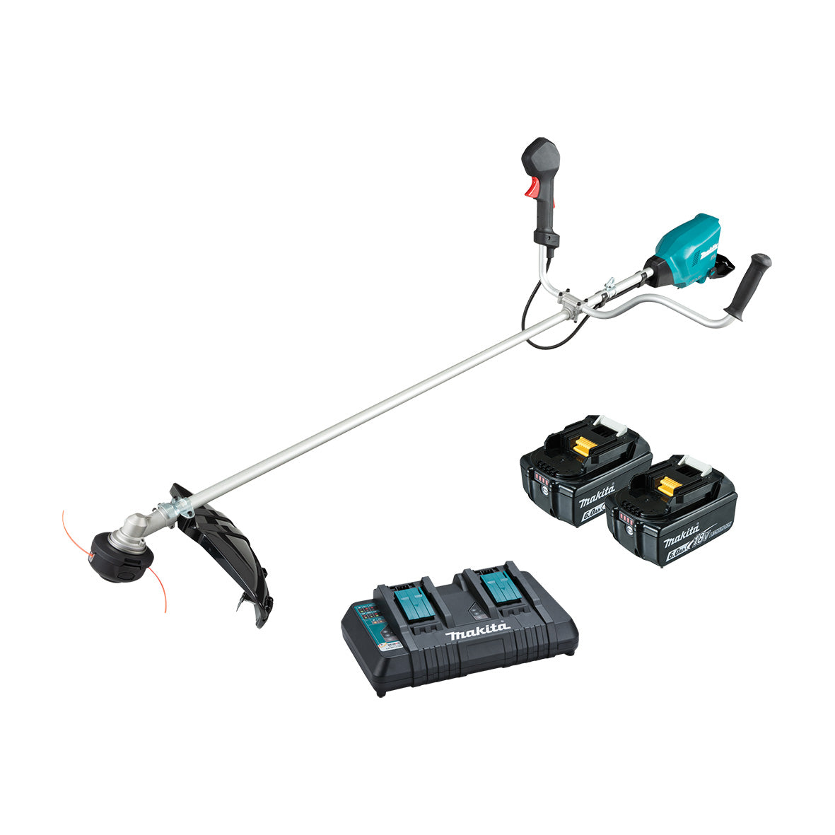 Makita Tools - 18V x 2 Brushless U-Handle Line Trimmer Kit - Includes 2 x 6.0Ah Batteries & Dual Port Rapid Charger | DUR369APG2