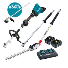 Makita Tools - 18V x 2 Brushless Multi-Function Powerhead (LE400MP) Extension Pole & (EN401MP) Hedge Trimmer Attachment Kit - Includes 2 x 5.0Ah Batteries & Dual Port Rapid Charger (Bonus EM409MP) | DUX60PHPT2-B