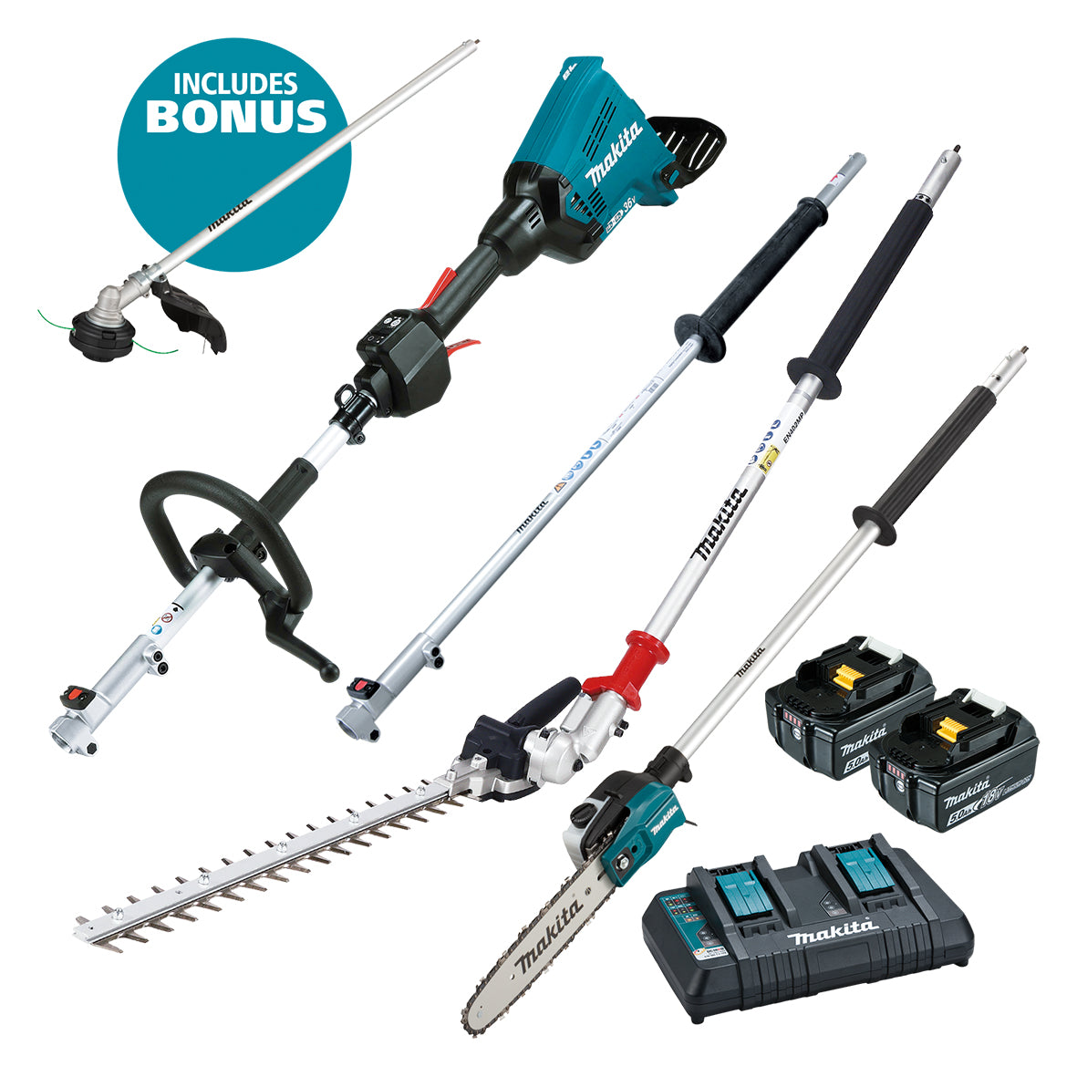 Makita Tools - 18V x 2 Brushless Multi-Function Powerhead (LE400MP) Ext. Pole (EY403MP) Pole Saw Attachment & (EN401MP) Hedge Trimmer Attachment Kit - Includes 2 x 5.0Ah Batteries & Dual Port Rapid Charger (Bonus EM409MP) | DUX60PSHPT2-B