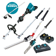 Makita Tools - 18V x 2 Brushless Multi-Function Powerhead (LE400MP) Ext. Pole (EY403MP) Pole Saw Attachment & (EN401MP) Hedge Trimmer Attachment Kit - Includes 2 x 5.0Ah Batteries & Dual Port Rapid Charger (Bonus EM409MP) | DUX60PSHPT2-B