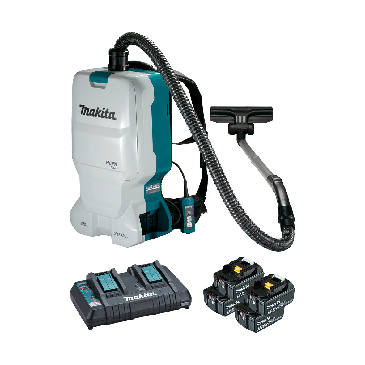 Makita Tools - 18V x 2 Brushless Backpack Vacuum Kit 6L Tank Capacity - Includes 4 x 6.0Ah Batteries Dual Port Rapid Charger | DVC660G4X1