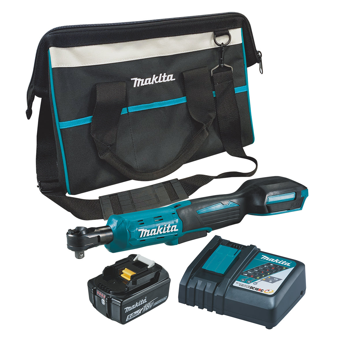Makita Tools - 18V Ratchet Wrench 1/4" & 3/8" - Includes: 1x 5.0Ah Battery Rapid Charger & Tote Bag | DWR180RTX1