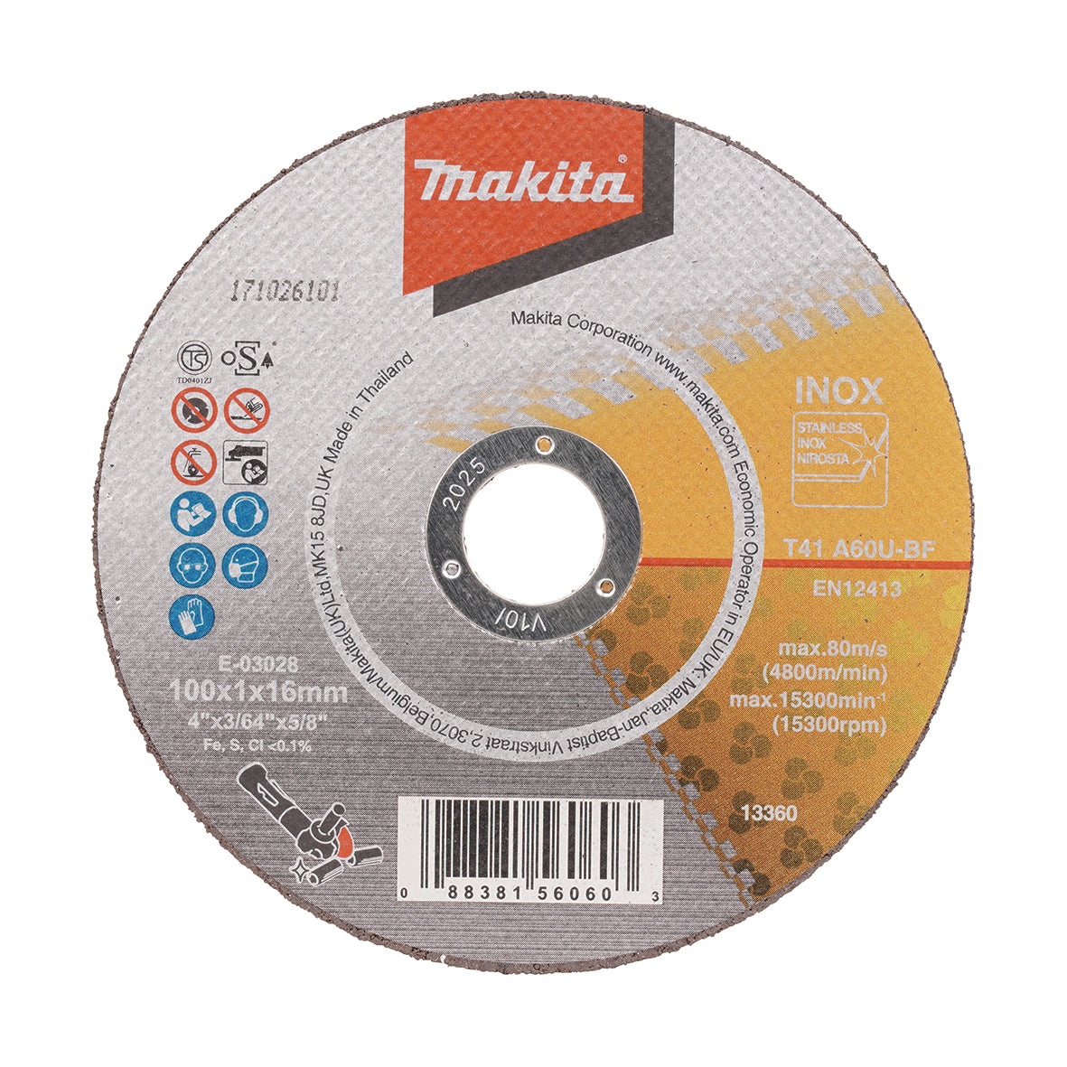 Makita - 100mm x 1mm x 16mm INOX Cutting DISC A60U - 25pk Tub | E-03028-25