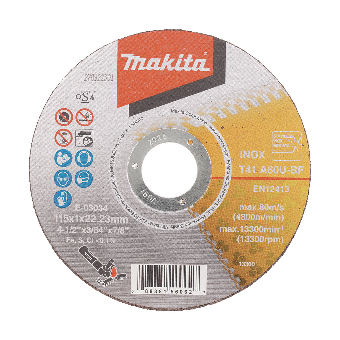 Makita - 115mm x 1mm x 22mm INOX Cutting DISC A60U - 25pk Tub | E-03034-25