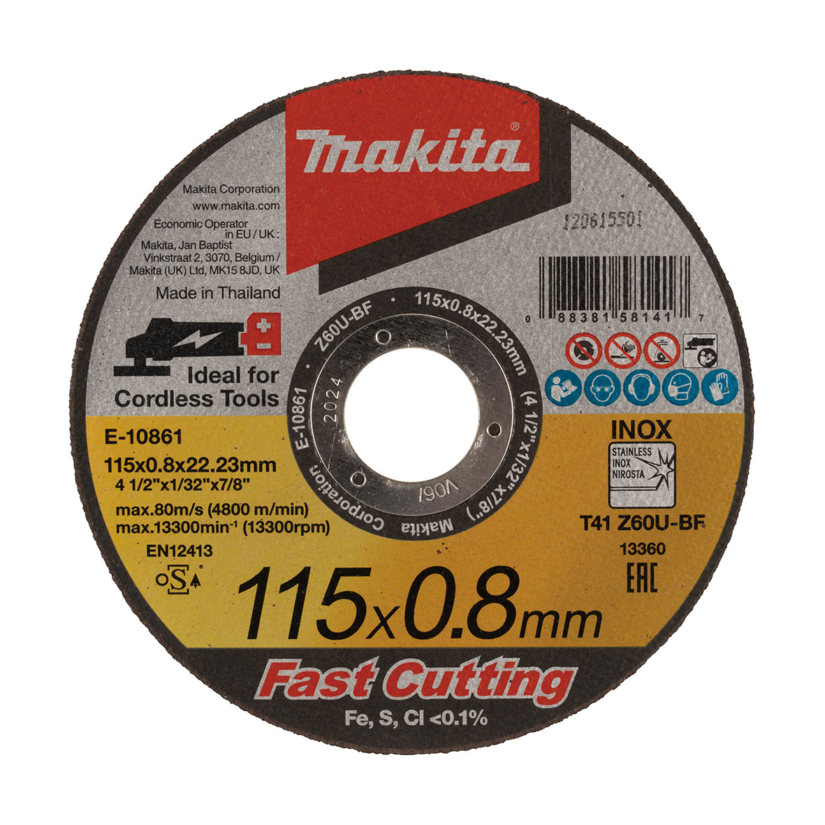 Makita - 115mm x 0.8mm x 22mm INOX Ultra THIN Cutting DISC Z60U - 12pk Tub | E-10861-12