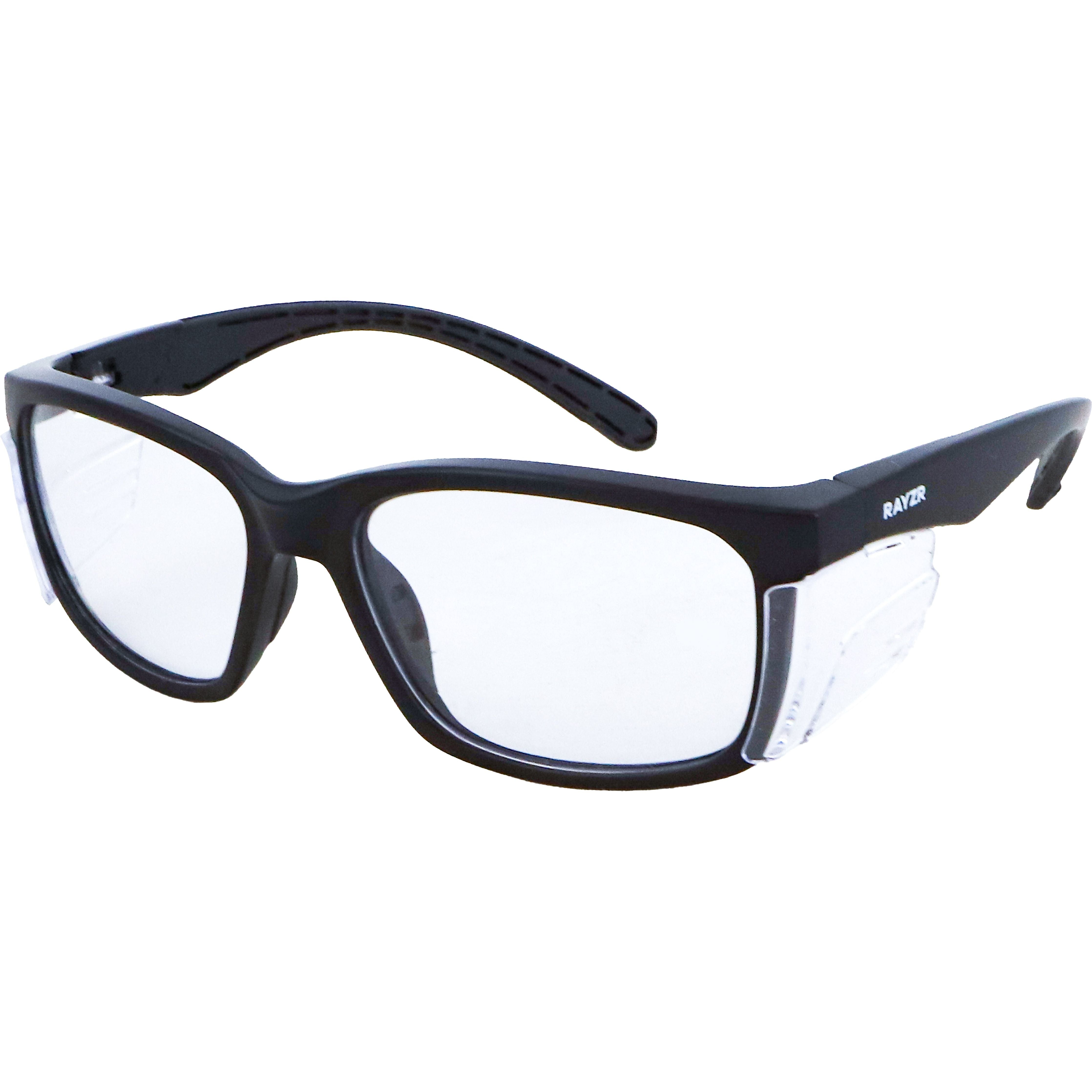 Rayzr Safety Glasses with microfibre bag - Black Frame with Clear Lens UV380