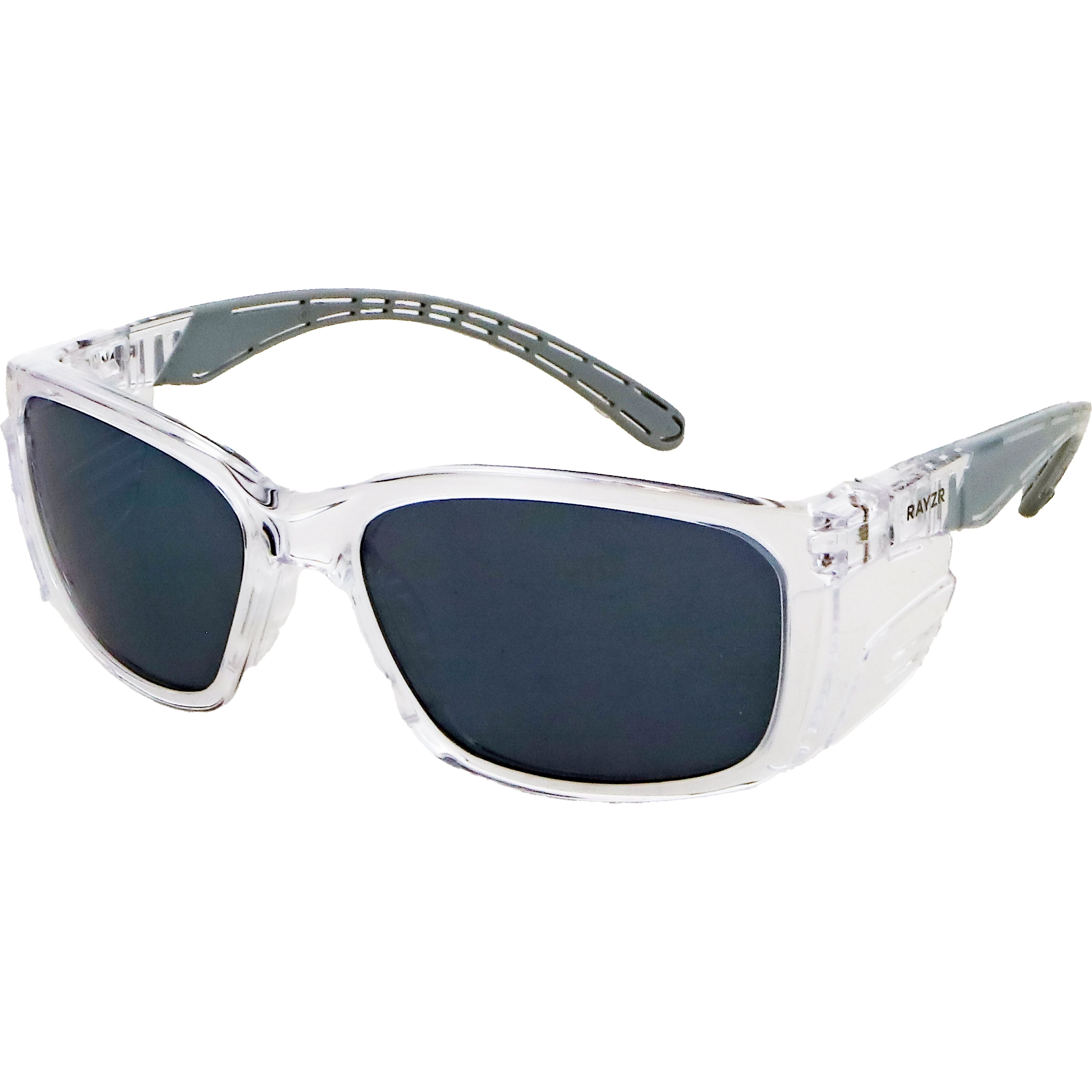 Rayzr Safety Glasses with microfibre bag - Clear Frame with Smoke Lens UV380
