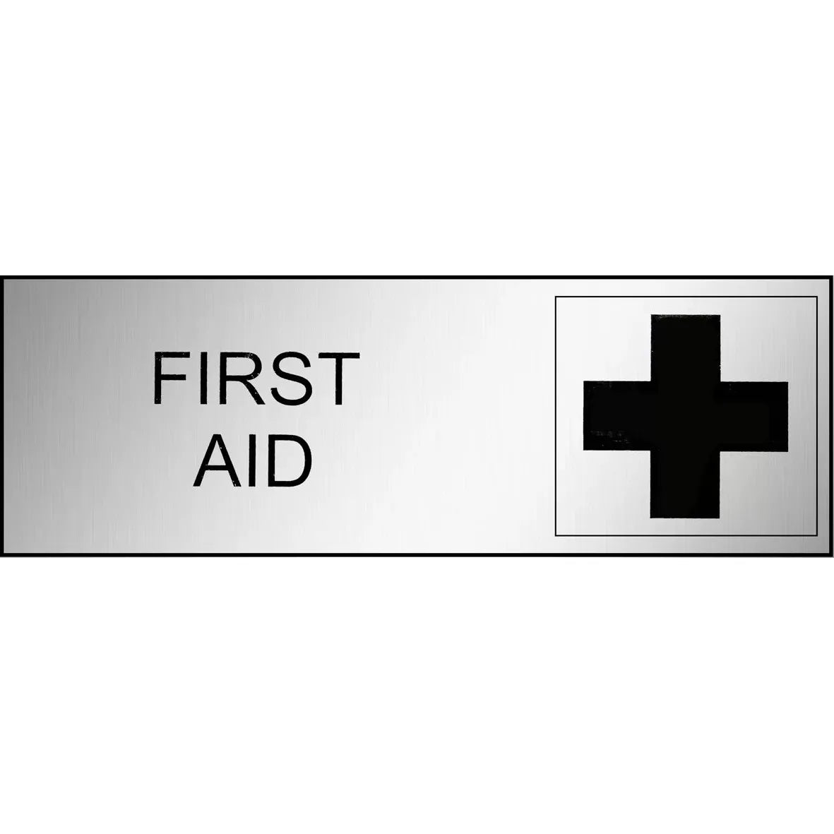 Uniform Safety Signs - 300x100mm - Engraved Label - Black/Brushed Aluminium Traffilite - Adhesive Backed - First Aid (With | ES302