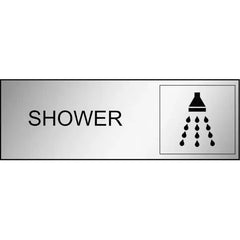 Uniform Safety Signs - 300x100mm - Engraved Label - Black/Brushed Aluminium Traffilite - Adhesive Backed - Shower (With Pic | ES307