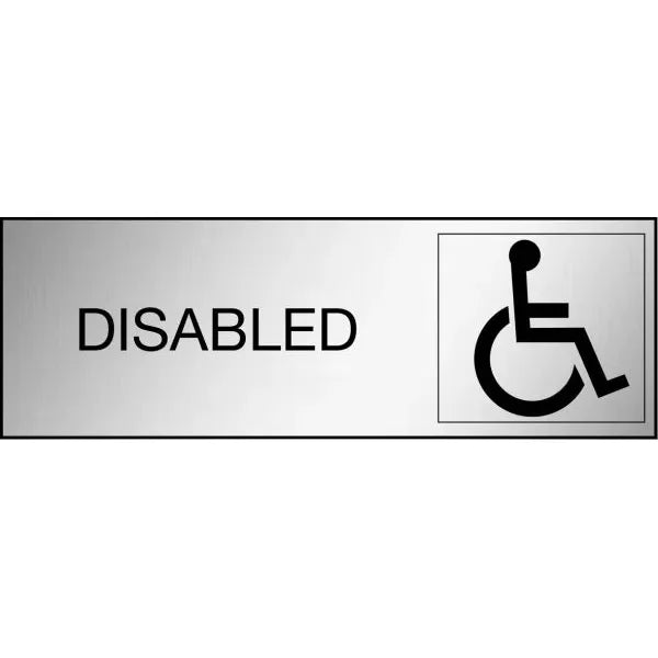 Uniform Safety Signs - 300x100mm - Engraved Label - Black/Brushed Aluminium Traffilite - Adhesive Backed - Disabled (With P | ES309