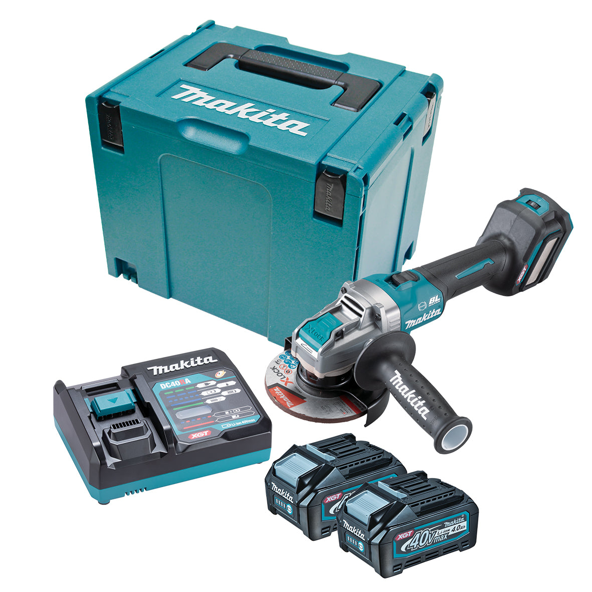 Makita Tools - 40V Max Brushless X-LOCK AWS* 125mm (5") Angle Grinder Slide Switch Variable Speed - Includes 2 x 4.0Ah Batteries Single Port Rapid Charger & Makpac Case Type 4  *AWS Receiver sold separately (198901-5) | GA041GM202