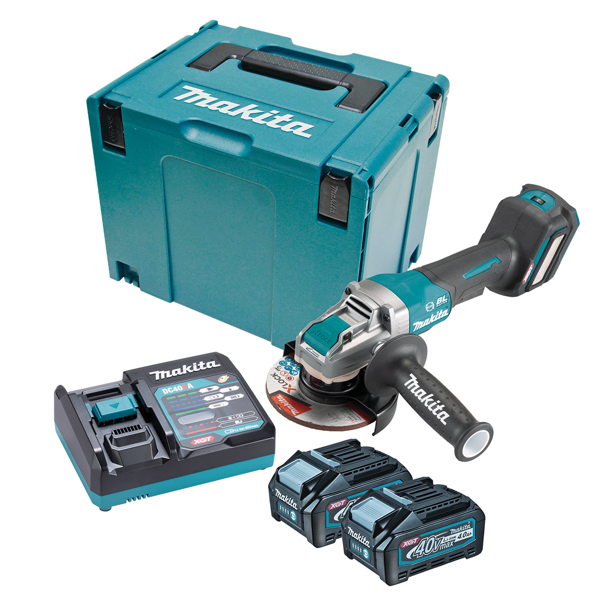 Makita Tools - 40V Max Brushless X-LOCK AWS* 125mm (5") Angle Grinder Paddle Switch Variable Speed - Includes 2 x 4.0Ah Batteries Single Port Rapid Charger & Makpac Case Type 4  *AWS Receiver sold separately (198901-5) | GA044GM202