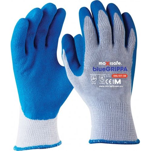 Maxisafe - Blue Grippa Glove - Knitted Poly Cotton, Blue Latex Dipped Palm - 2XLarge - Red