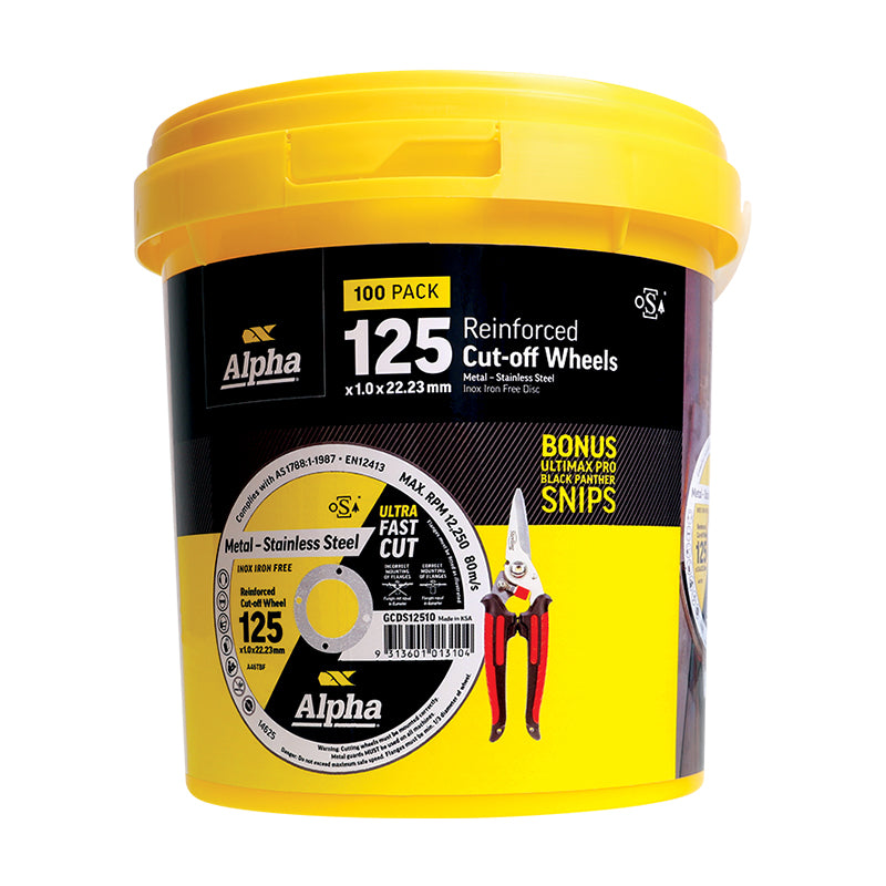 Cutting Disc 125 x 1mm Alpha Tub (Pk 100) Bonus 29-721B Snips