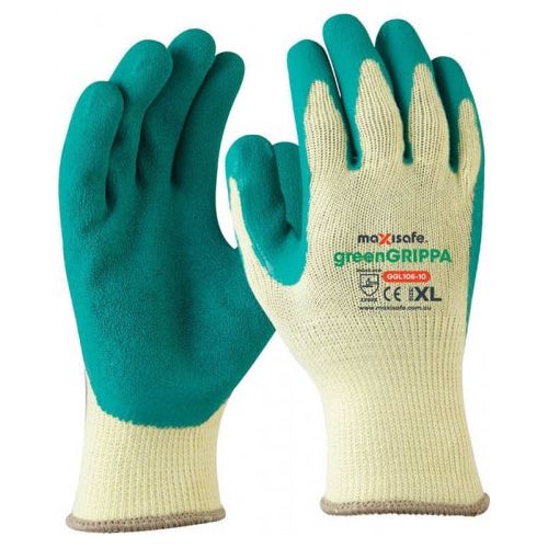 Maxisafe - Green Grippa Knitted Poly Cotton Glove with Green Latex Palm - Small
