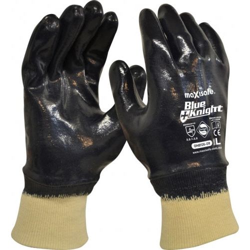 Maxisafe Blue Knight Nitrile Fully Coated Glove, with Knit Wrist - Retail Carded | GNB126 Medium