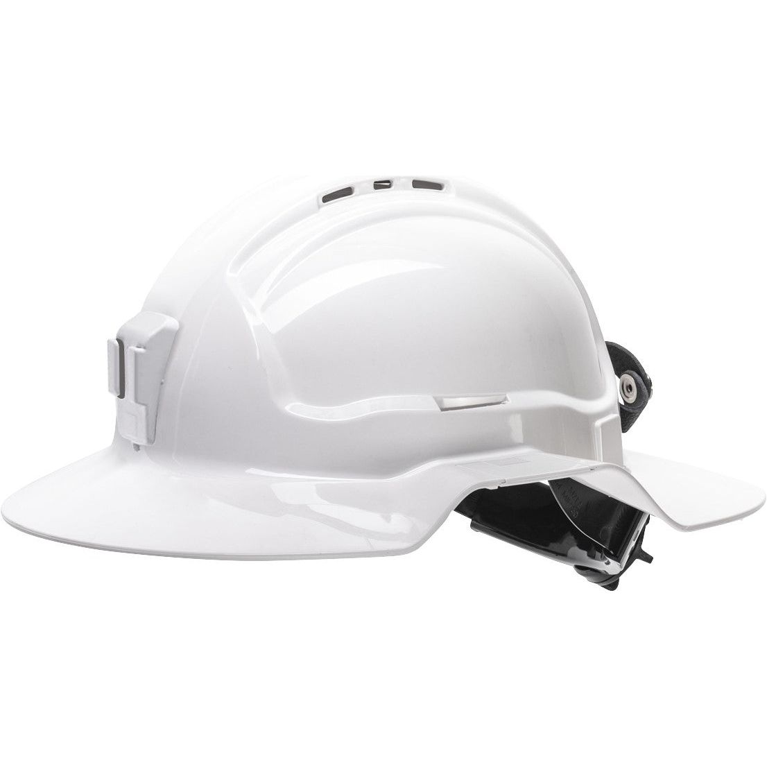 White Broadbrim Hard Hat with Plastic Miners Bracket / Leather Rear Lead Strap - Made in Australia | HBB57RH-PLV-WH