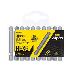 HEX 6 x 50mm Ball End Power Bit - Handipack (x10)