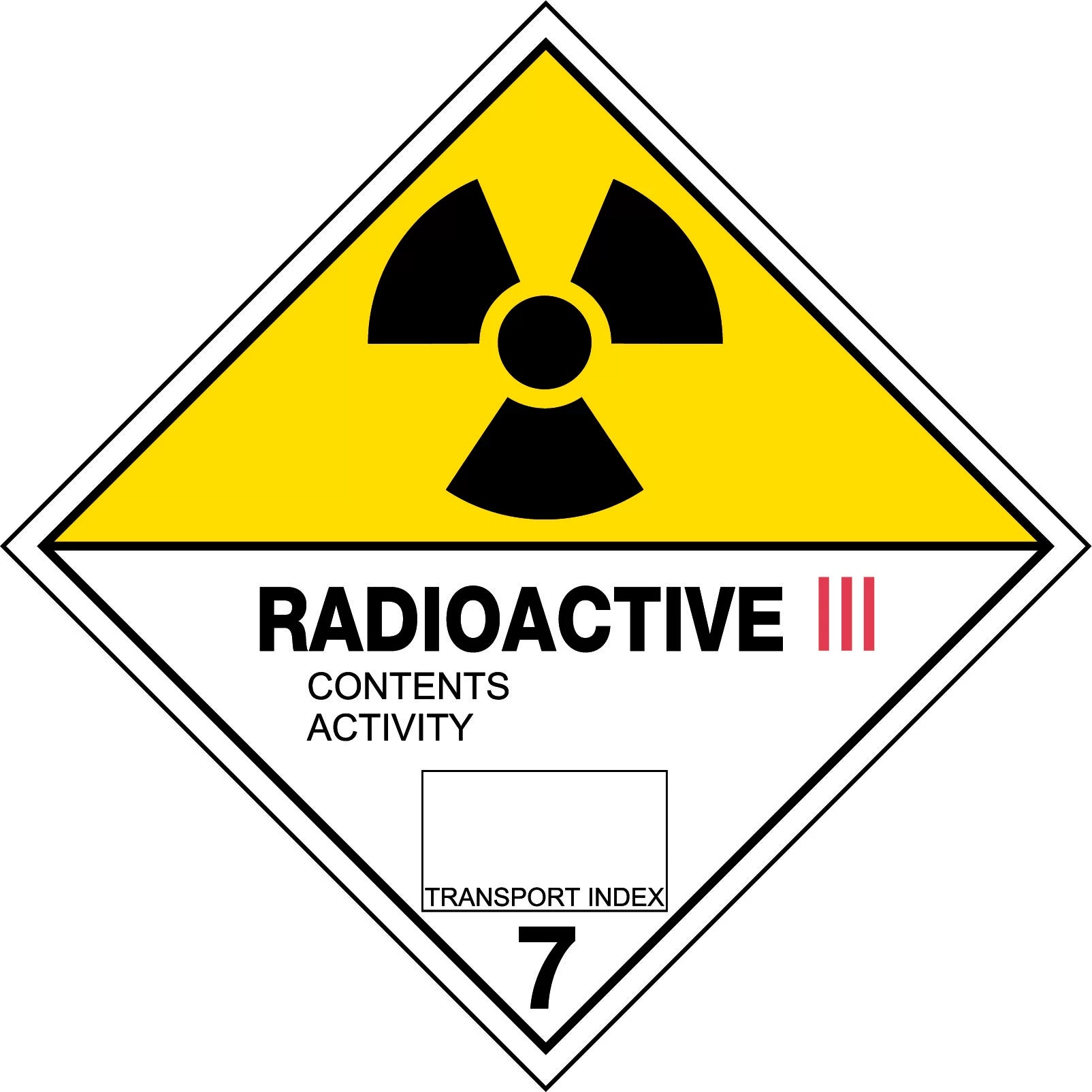 Uniform Safety Signs - 50x50mm - Self Adhesive - Roll of 250 - Dangerous Goods - Class 7, Radioactive III | HLM107.3PAP