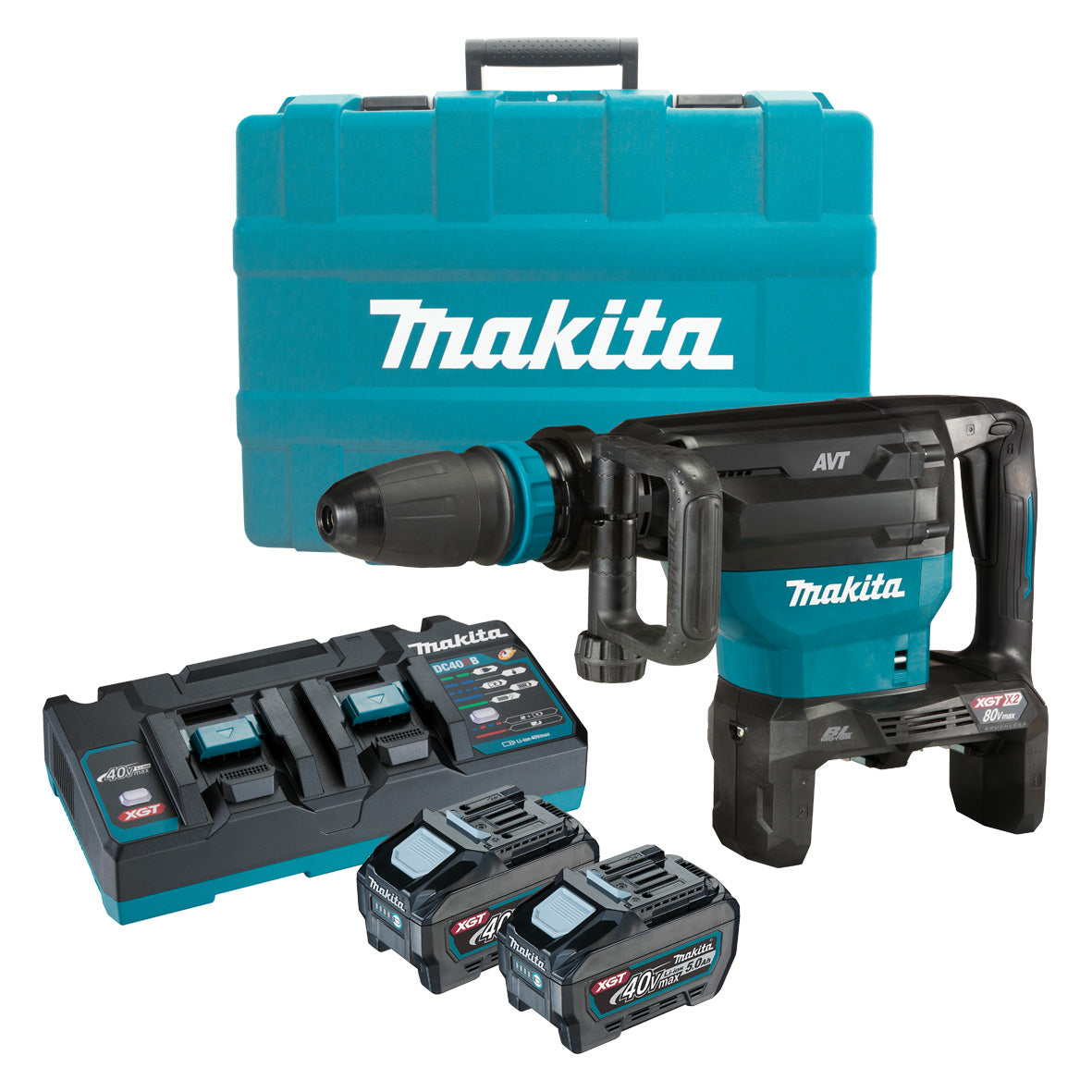 Makita Tools - 80V Max (40Vx2) Brushless SDS Max Demolition Hammer Kit - Includes 2 x 5.0Ah Battery Dual Port Rapid Charger & Plastic Case | HM002GT201