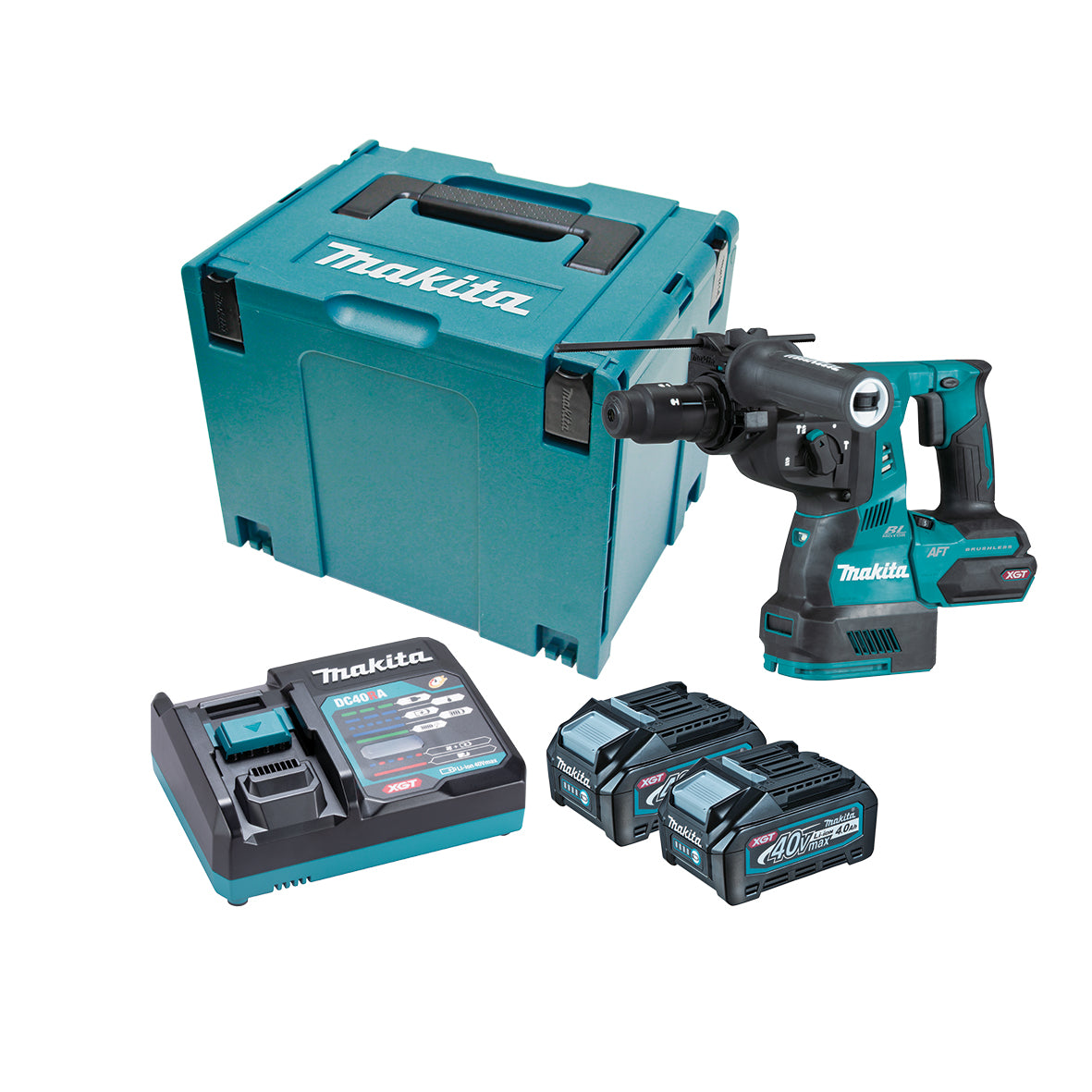Makita Tools - 40V Max Brushless AWS* 28mm Rotary Hammer Quick Change Chuck - Includes 2 x 4.0Ah Batteries Single Port Rapid Charger & Makpac Case Type 4. *AWS Receiver sold separately (198901-5) | HR002GM201