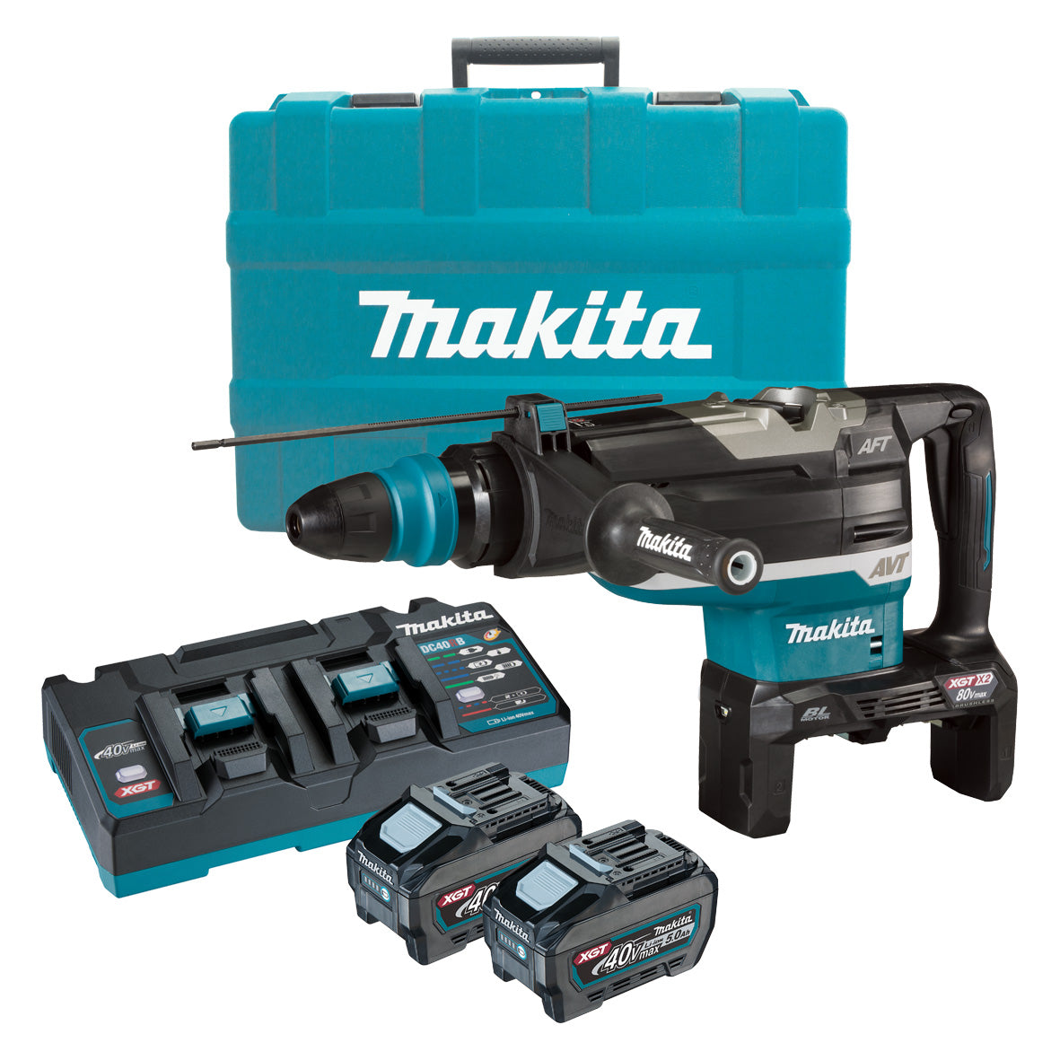 Makita Tools - 80V Max (40Vx2) Brushless 52mm SDS Max Rotary Hammer Kit - Includes 2 x 5.0Ah Battery Dual Port Rapid Charger & Plastic Case | HR006GT201