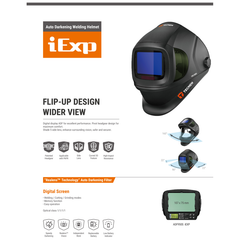 Weldtronic - TM. iExp 950S Auto Helmet (XX Large).
Flip Front / Variable Shade 5-13 / Viewing Area 107x75 / 4 Sensor / Class 1111 / Black | WH950.FX