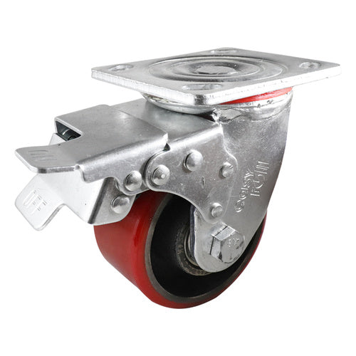 EHI - 100mm Red Urethane/ci Swivel Plate Brake Castor | J22TZ85K100