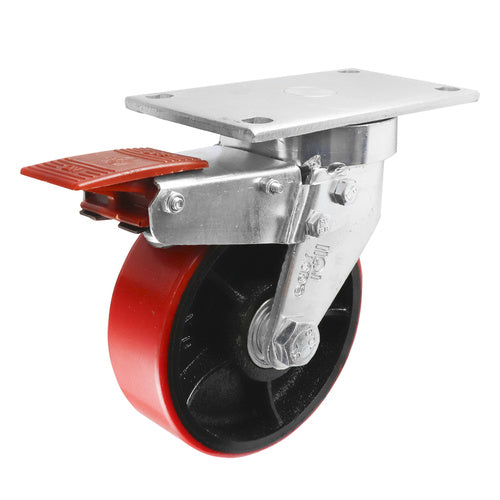 EHI - 150mm Red Urethane/ci Swivel Plate W/bin Brake Castor | J72TZ85K150