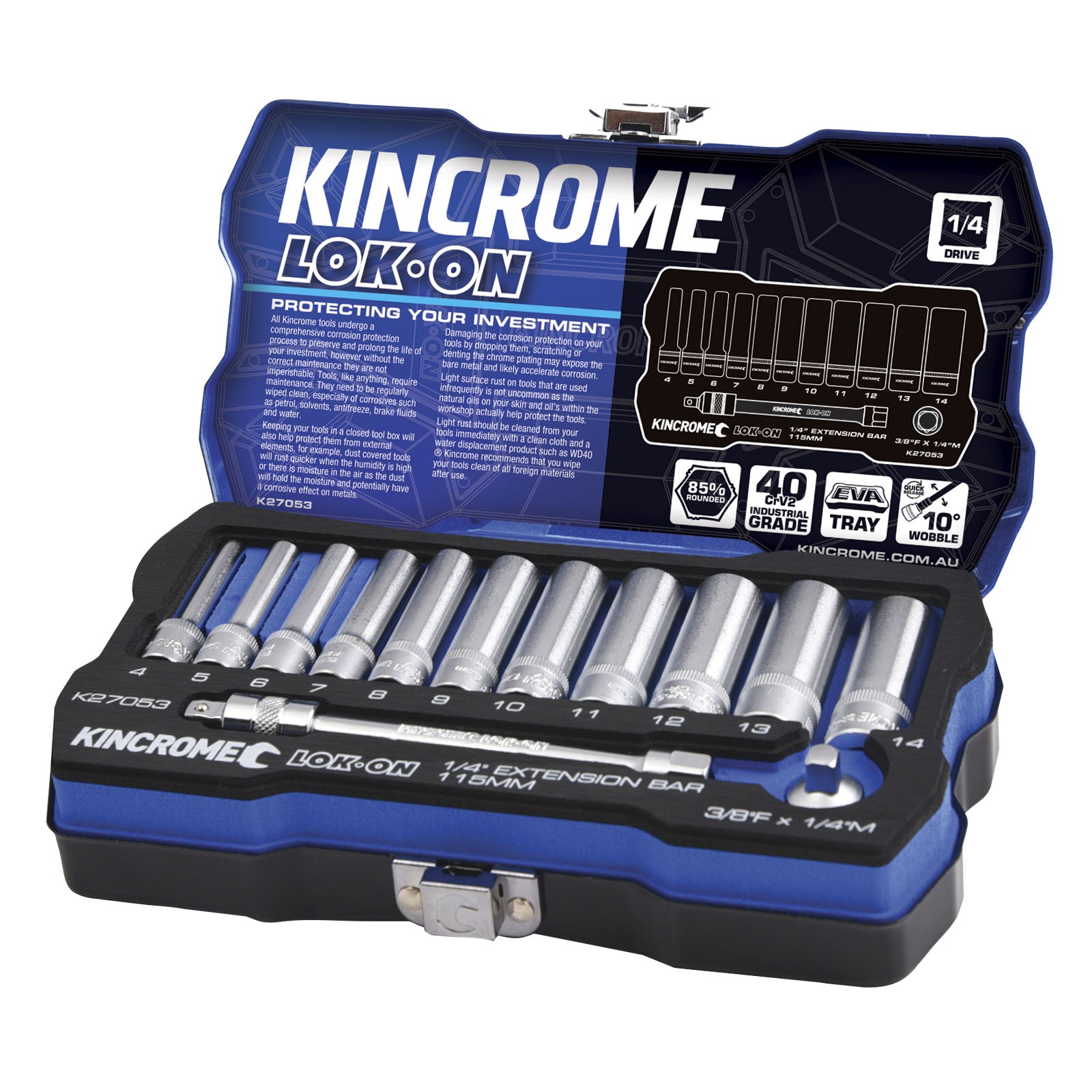 Kincrome LOK-ON Socket & Extension Set 13 Piece 1/4" Drive - Metric | K27053