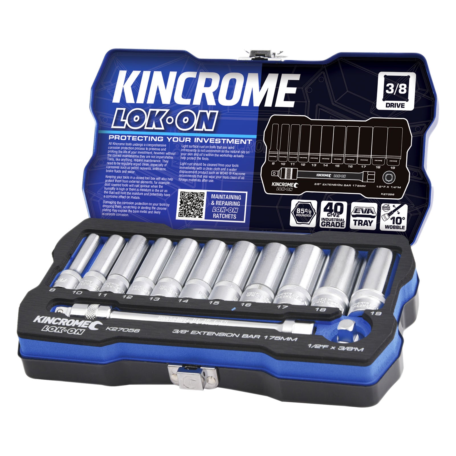 Kincrome LOK-ON Socket & Extension Set 13 Piece 3/8" Drive - Metric | K27056