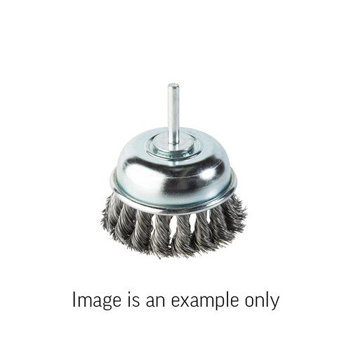 Union Cup Brush Twist Knot 6mm Spindle Mount High Carbon Steel 0.4mm Wire x 65mm Dia Carded