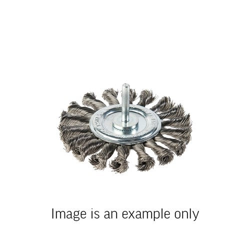 Union Wheel Brush Twist Knot 6mm Spindle Mount Stainless Steel 0.4mm Wire x 100mm Dia Carded