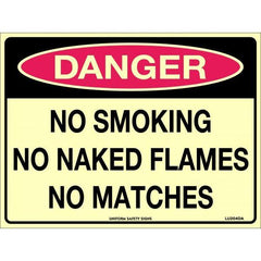 Uniform Safety Signs - 240x180mm - Self Adhesive - Luminous - Dange No Smoking No Naked Flames No Matches | LU204DA