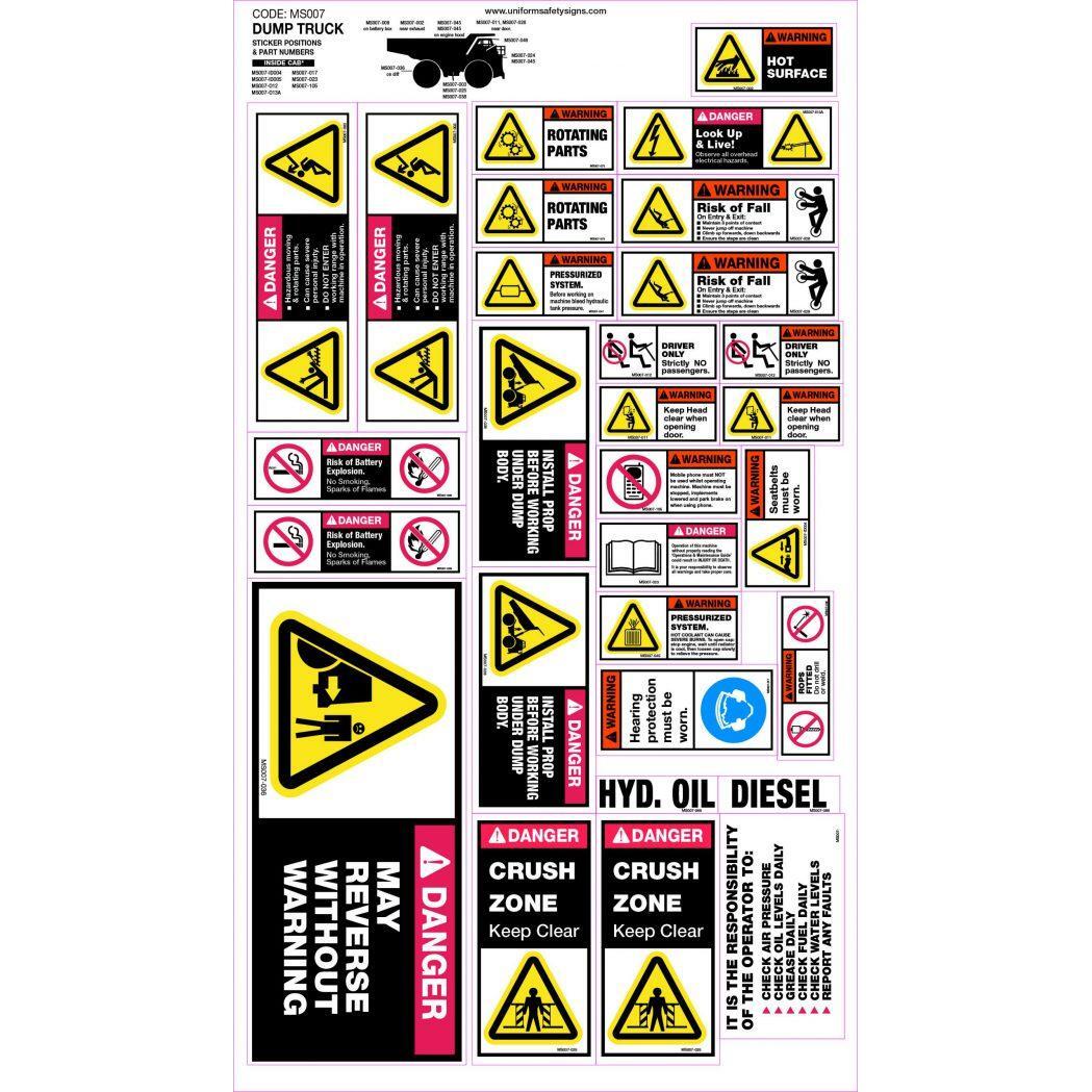 Uniform Safety Signs - 310x580mm - Machinery Sticker Sets - Dump Truck (28 decals per sheet) | MS007