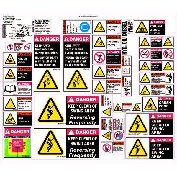 Uniform Safety Signs - 460x560mm - Machinery Sticker Sets - Excavator 13 to 35T (37 decals per sheet) | MS008
