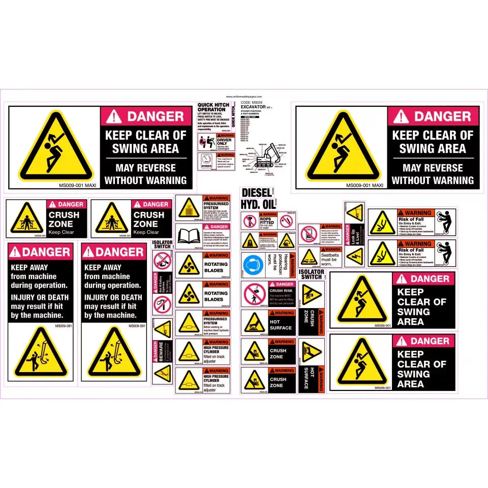 Uniform Safety Signs - 480x740mm - Machinery Sticker Sets - Excavator 25T+ (35 decals per sheet) | MS009