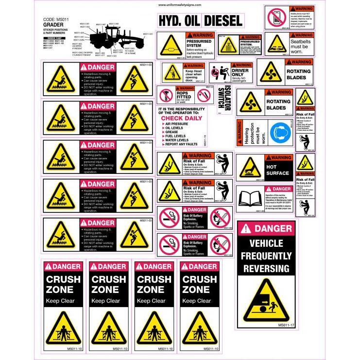 Uniform Safety Signs - 425x515mm - Machinery Sticker Sets - Grader (31 decals per sheet) | MS011