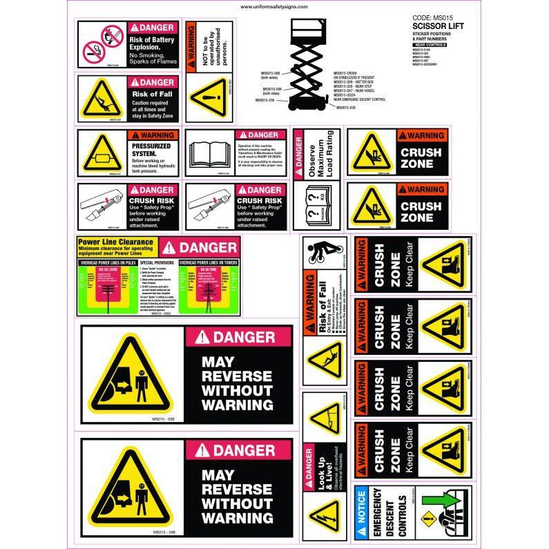 Uniform Safety Signs - 380x500mm - Machinery Sticker Sets - Scissor Lift (20 decals per sheet) | MS015