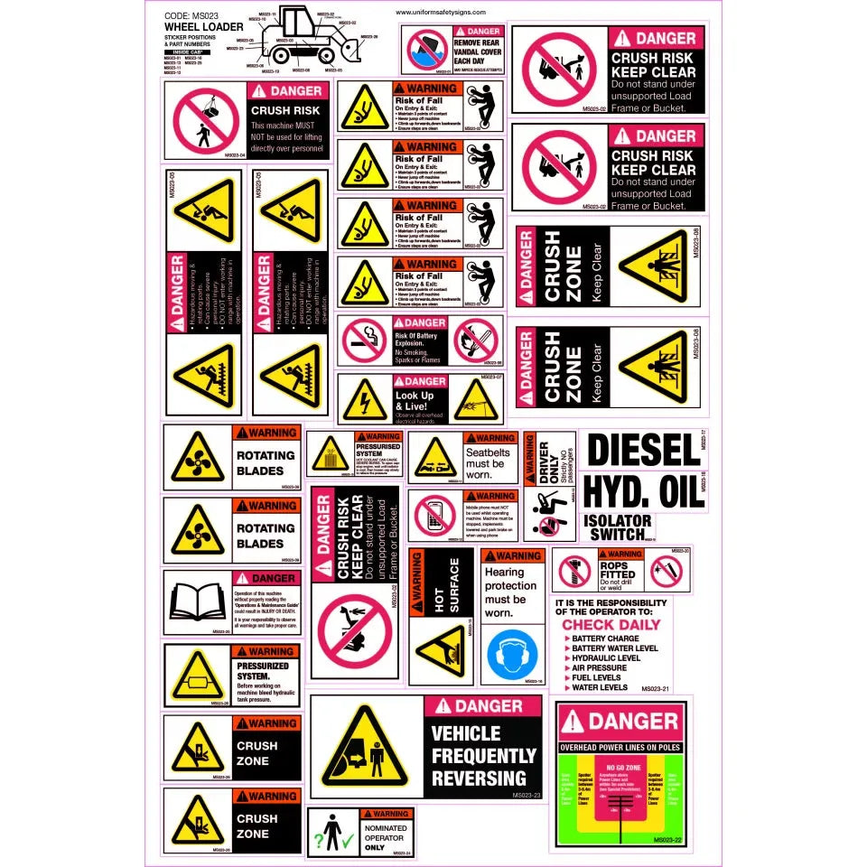 Uniform Safety Signs - 280x580mm - Machinery Sticker Sets - Wheel Loader (32 decals per sheet) | MS023