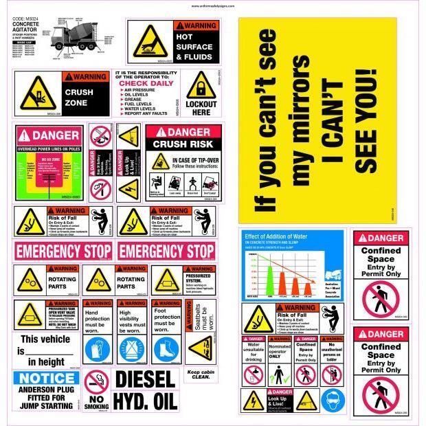 Uniform Safety Signs - 600x620mm - Machinery Sticker Sets - Concrete Agitator (32 decals per sheet) | MS024