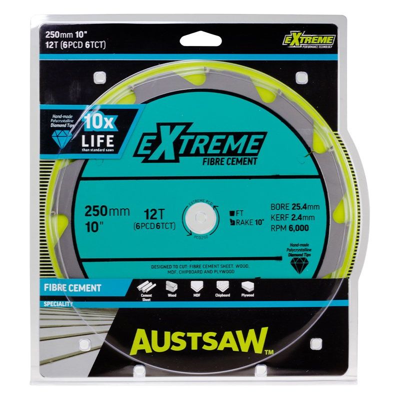 Austsaw - 250Mm (10In) Polycrystalline Diamond Blade - 25.4Mm Bore - 6Pcd6Tct Teeth