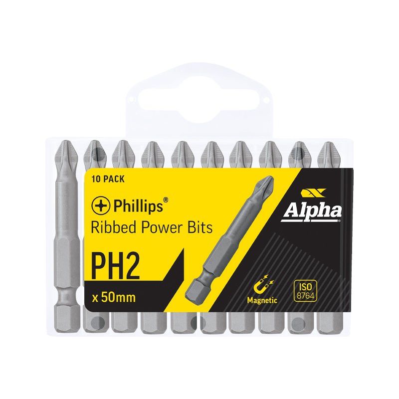 Alpha-Ph2 X 50Mm Phillips Ribbed Power Bits - Handipack (X10)
